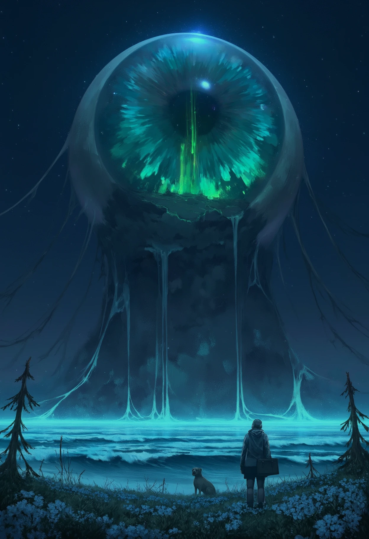 <lora:ScenicHorizonsFLUX:1> sc3n1ch0r1s0ns,
in the background a massive glowing eye looms large dominating the scene. the eye is depicted in shades of blue and green with intricate swirling patterns that evoke a sense of otherworldly presence. the surrounding environment is a dark starry night sky with a subtle gradient of deep blues and purples.,