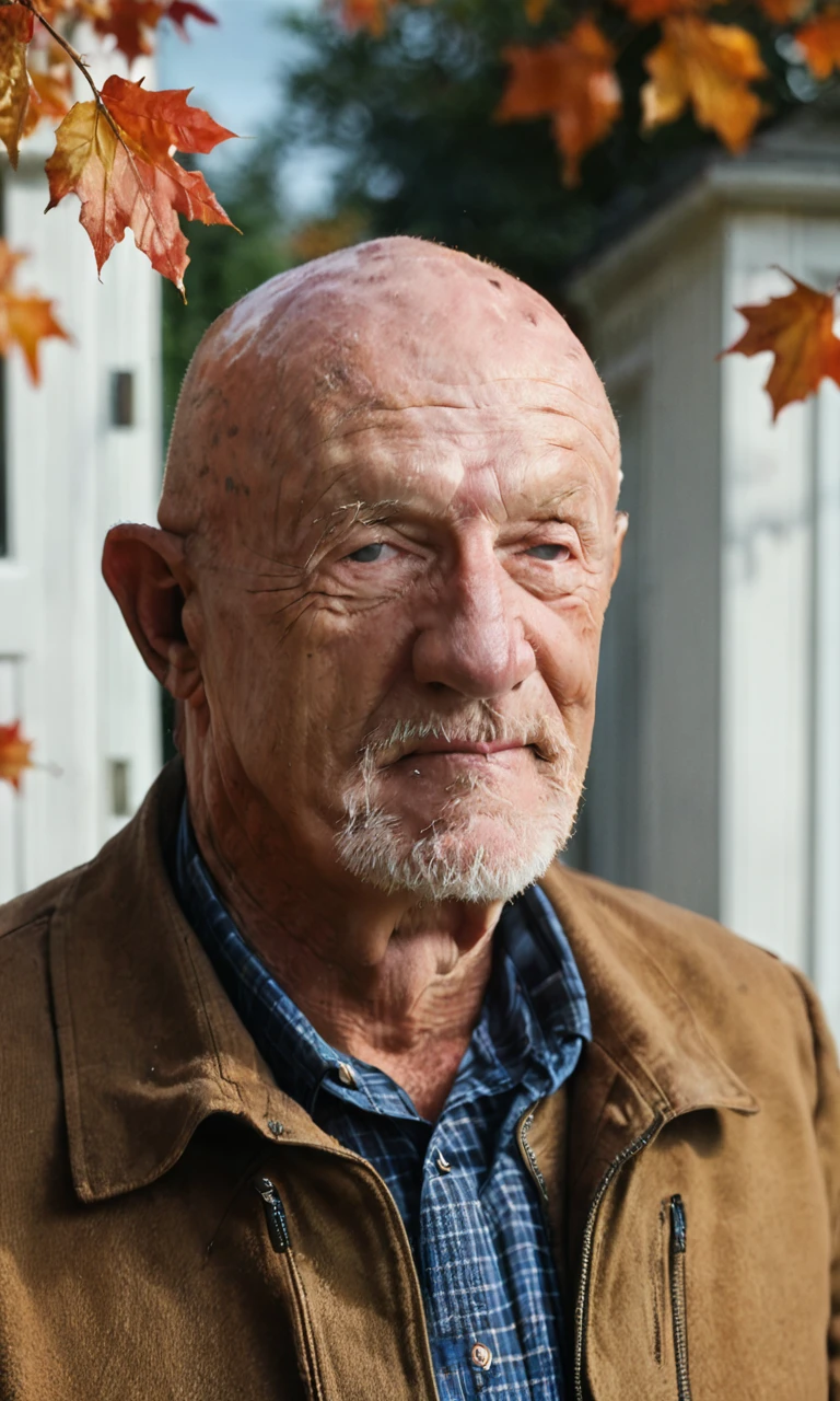 (detailed face:1.2),source_photo,score_9, score_8_up, score_7_up, score_6_up,solo,1boy,Jonathan banks,1boy, old, old man,bald,upper body,brown coat,outdoor,autumn