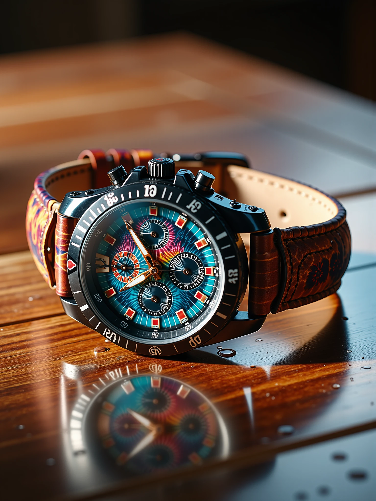 "close-up of a mad-clrfltd watch with leather wristband lying on a wooden table and covered with water droplets, spotlight, reflection <lora:colorful-tie-dye-flux:1.1>"