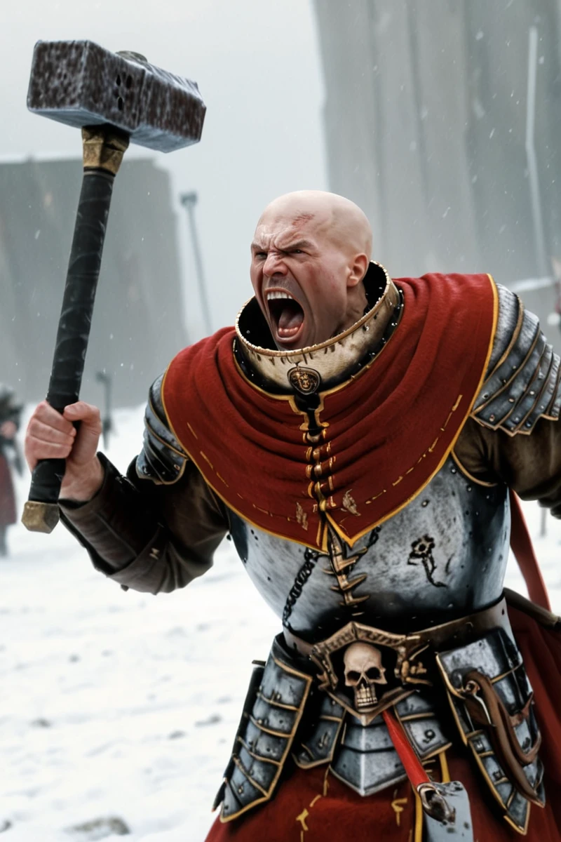 photorealism, snow, face close up, upper body face focus, solo,  <lora:Warrior_Priest_of_Sigmar_Mark_of_Chaos_XL-000009:0.8> w4rr1orpr1st, bald male shouting, battle stance, action pose, swinging war hammer, holding with both hands, armor, red robes, red capelet, gold trim, metal collar, holding war hammer, book at waist, skull symbol necklace, intricate details, high resolution,