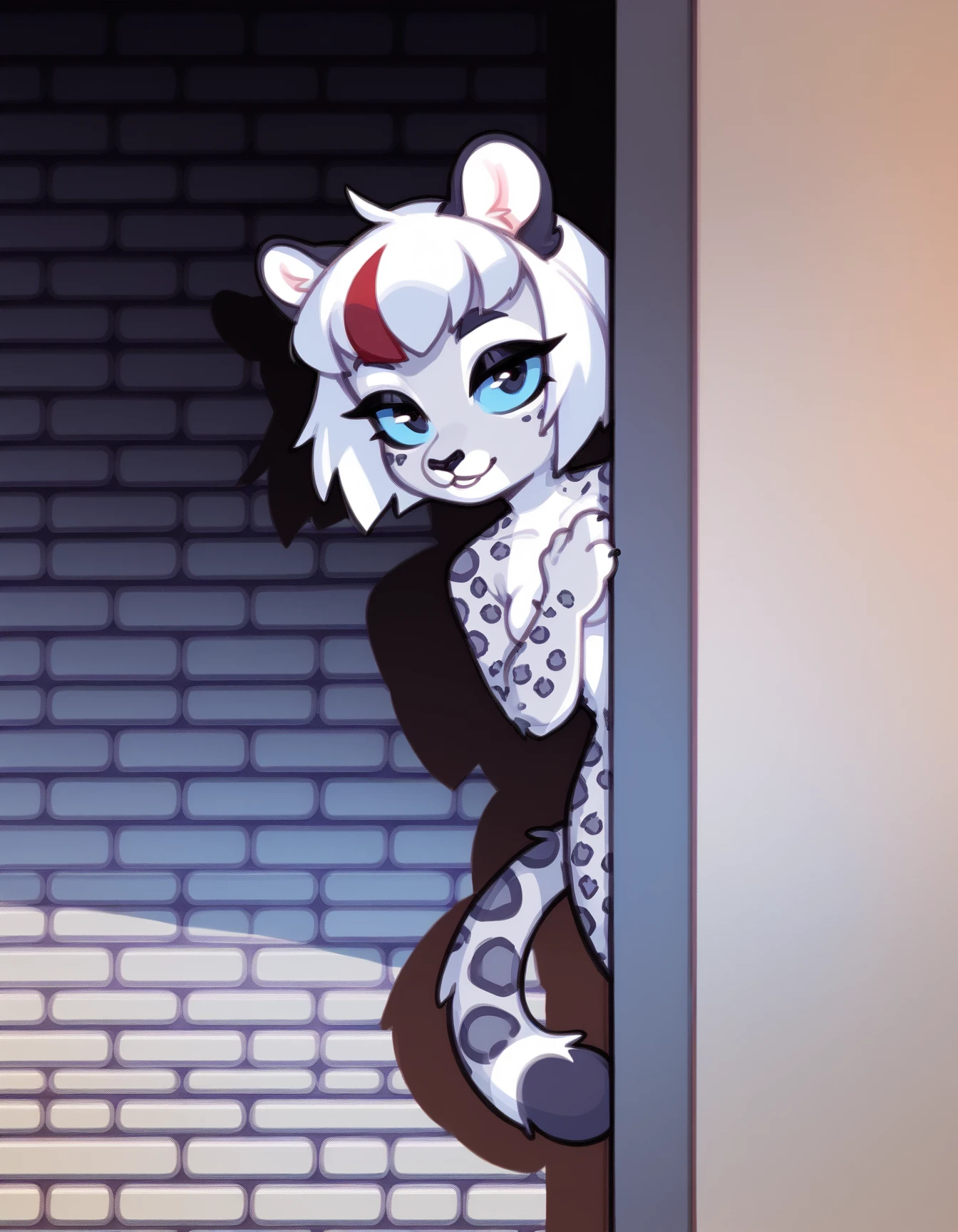 score_9, score_8_up, score_7_up, score_6_up, score_5_up, score_4_up, detailed background, surround light
Uma, solo, short white hair, red bangs, black nose, gray fur, animal ears, tail, snow leopard, black eyes,  blue sclera, peeking out, upper body, looking at viewer, hiding behind wall, small breast, covering his chest with his hand
 <lora:PeekingOut_pdxl_Incrs_v1:1> 
<lora:Uma_XL:0.8>