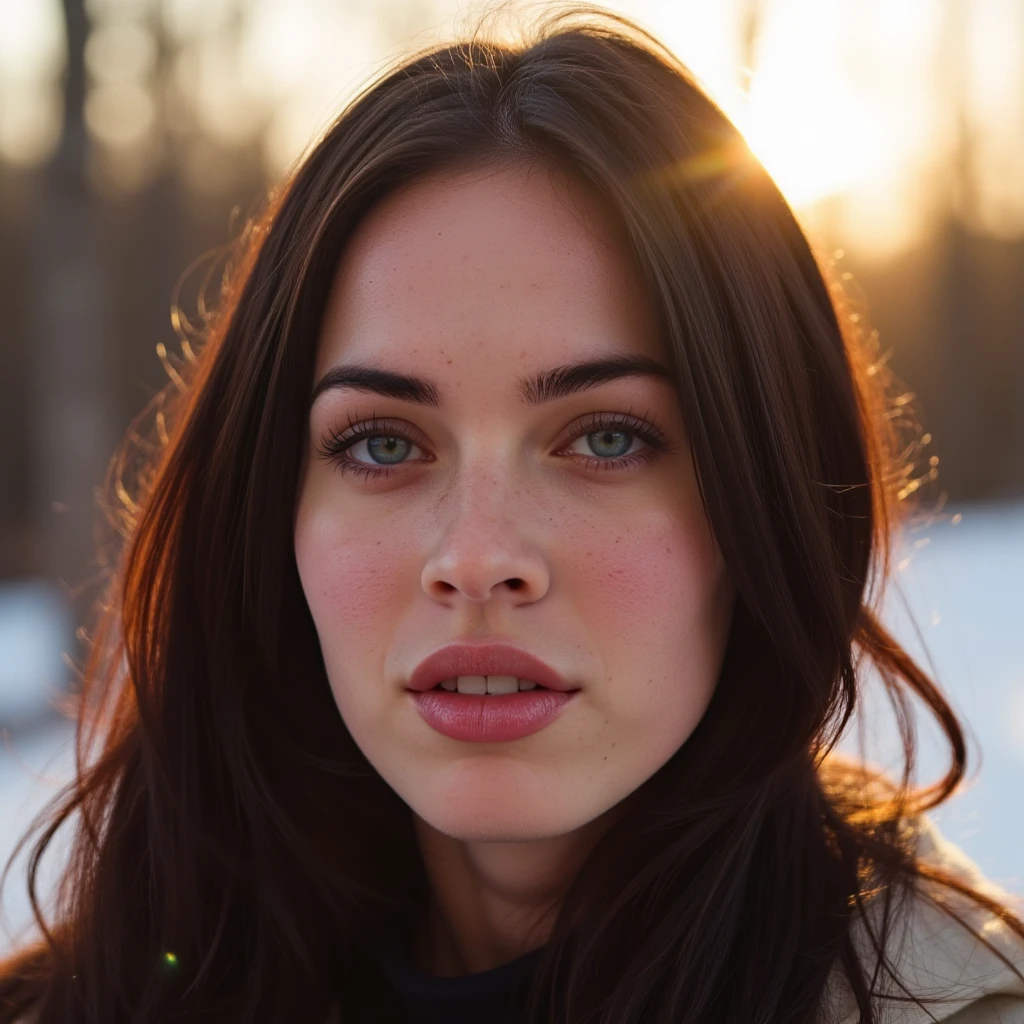 woman, light makeup,Instagram photo of a woman with freckles on her face in the winter outdoors with silhouette illumination of her hair by evening sunlight, m3g4n