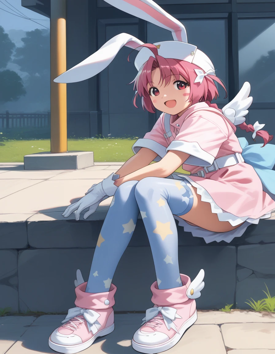 nakahara_komugi, pink hair,hat, animal ears, braid, pink eyes, ahoge, long hair, rabbit ears,
wings, star print, jewelry, star (symbol), dress, white gloves, stickers, zettai ryouiki, print thighhighs, winged footwear, 
<lora:nakahara_komugi_pony_v1:1>
sitting, dynamic pose ,
open mouth, blush,light smile
looking at viewer,(upper body, close-up,:1.3),
outdoors,, masterpiece, best quality, score_9, score_8_up, score_7_up, best quapoty, highres, absurdres, source_anime, zPDXL2, 1girl,