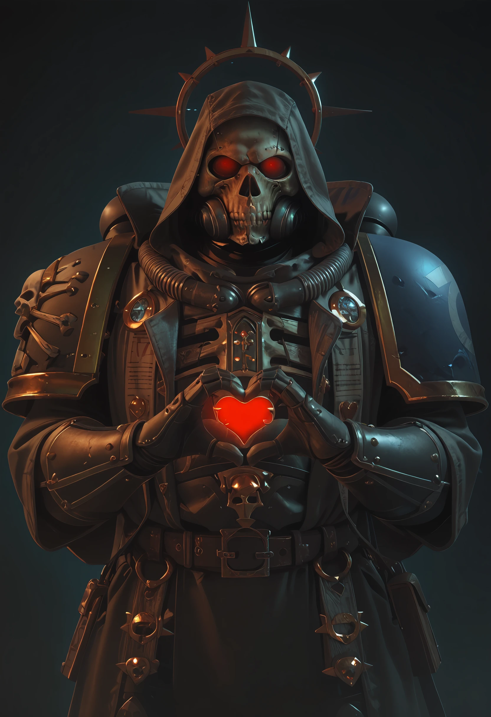 score_9, score_8_up, score_7_up, score_6_up, score_5_up, score_4_up, 1boy, <lora:ChaplainSM2:0.75> solo, armor, shoulder armor, hood, skull, red eyes, glowing, glowing eyes, mask, gas mask, robe, upper body, standing,  (heart hands), 
light blue background,