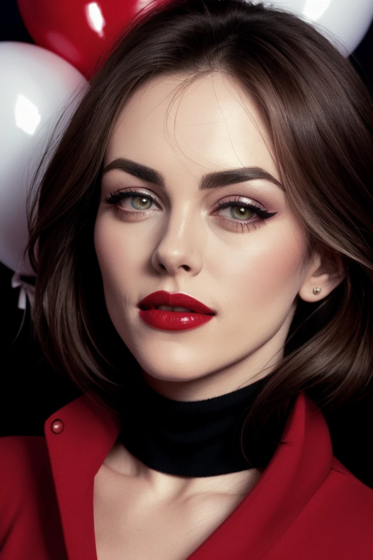 lizhurl, ((red lipstick, blush, eyeliner, eye shadow, pale skin)), ((masterpiece, best quality, extremely detailed, high resolution)), ((detailed eyes, detailed face):1.2),((fully clothed, modest)) , photo of a woman, ,fashion portrait photo of a woman from the 60s wearing a red turtleneck standing in the middle of a ton of balloons, taken on a hasselblad medium format camera,