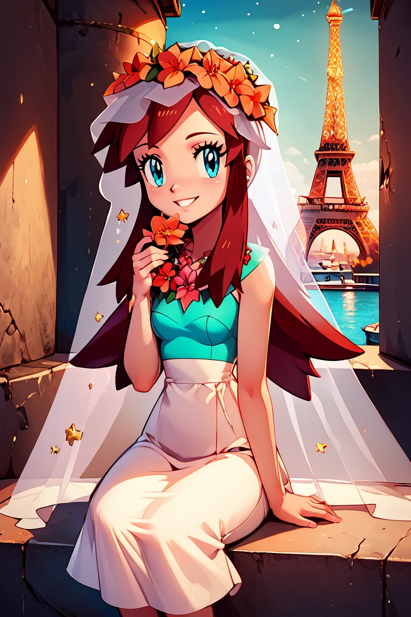 score_9, score_8_up, score_8, medium breasts, (curvy), cute, eyelashes,       BREAK, , zzMelody, dress, bridal veil, sleeveless, <lora:Melody_Pokemon_PDXL:1.0>,  , BREAK,  zzEiffelTower in background, sitting, watercraft, boat, sitting on wall, side view, looking at viewer, smile,  BREAK, blooming stars, luminescent petals, otherworldly fragrance blurry background, embedding:zPDXL, Expressiveh, <lora:EiffelTowerPDXL:0.8>,  <lora:CatalystStylePDXL:0.6>,  <lora:SDXLFaeTastic2400:0.5>,  <lora:Expressive_H-000001:0.4>,