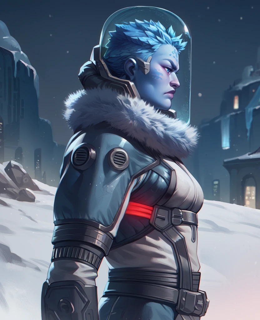 score_9,score_8_up,score_7_up,score_6_up,mrsfrzessq,blue eyes,blue ice hair,short hair,facial mark,
helmet,bodysuit,fur trim,from side, 
serious,
snow,city,night,science fiction,
<lora:msfreezeSSQXK-12:0.8>,