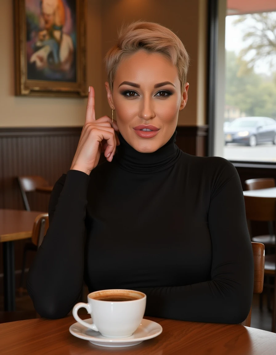 <lora:Ryan_Keely_Flux:1>  realistic photo of ryankeely, curvy, breasts, wearing a fitted turtleneck dress in a cafe having a coffee