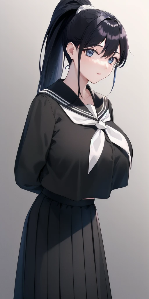 <lora:AchikaV5:0.7> masaki_achika_high_ponytail, huge_breasts, standing, solo, arms_behind_back, starry_sky, black_shirt_black_sailor_collar_white_neckerchief_long_sleeves_black_long_skirt, masterpiece, best_quality, detailed_face, detailed_eyes, highres, beautiful, detailed, absurdres,