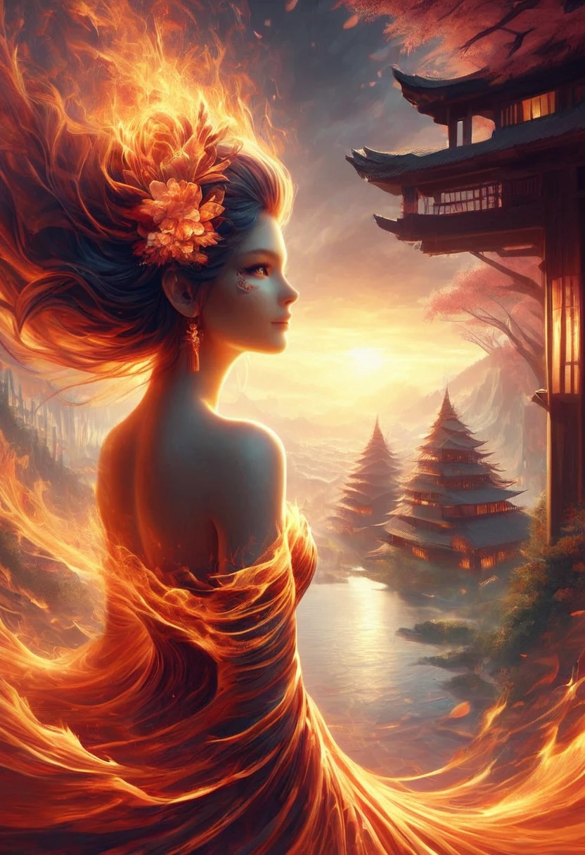 score_9, score_8_up, score_7_up, firegoddess, close up portrait, 1woman, fire dress, solo, Japanese temple, pagoda, realistic concept art, 8k, detailed