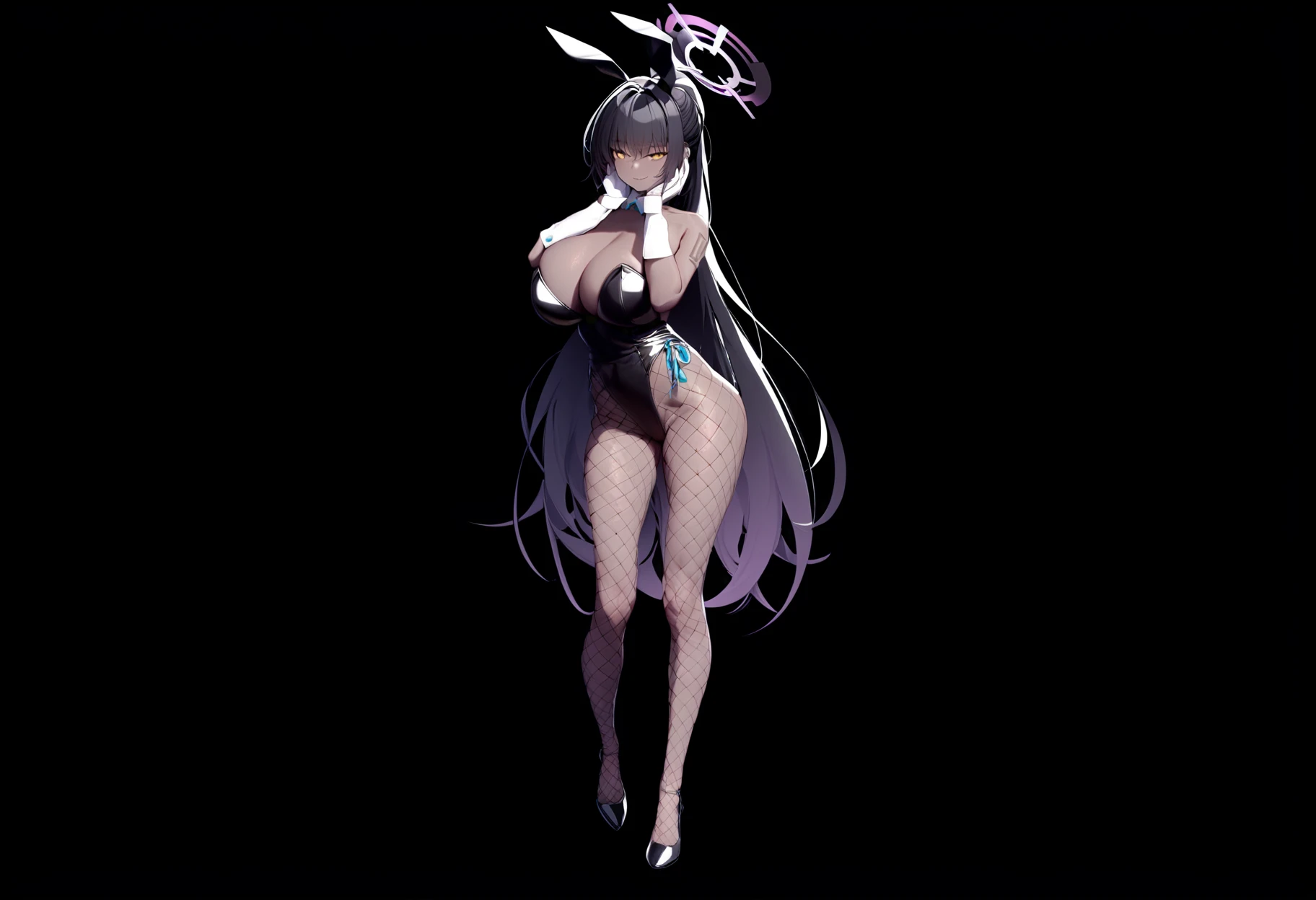 best quality, masterpiece,
1girl, karin \(blue archive\), long black hair, yellow eyes, large breasts, playboy bunny, halo, fishnet pantyhose, hands on own cheeks, suggestive smile, standing, full body,
black background, simple background, very dark skin, dark skinned girl in front of fully black background, wide shot