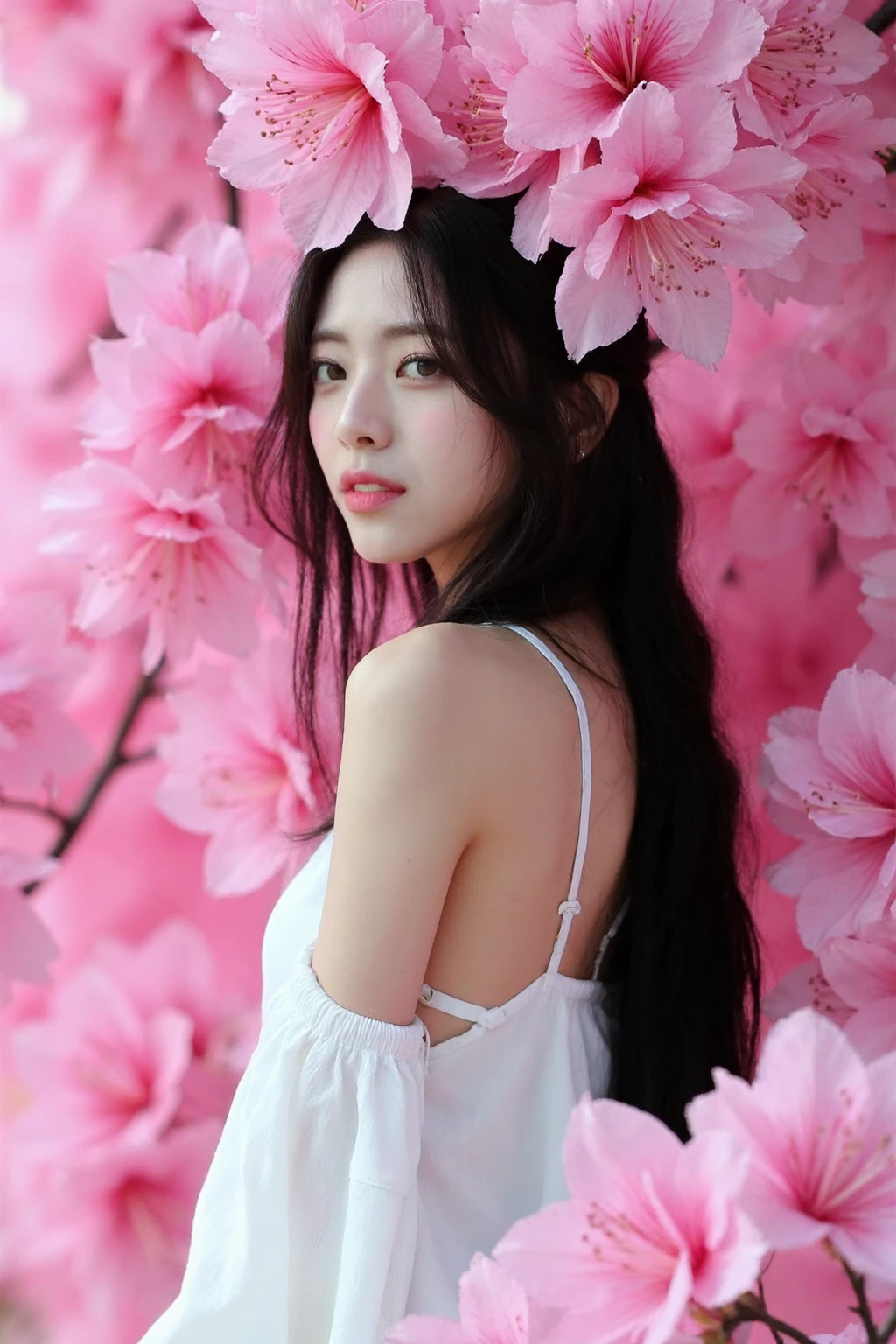 The image showcases a young korean woman. She is positioned against a strikingly vibrant pink background, which is filled with large pink azaleas. The pink azaleas dominate the composition, adding a dramatic and intense contrast to her skin tone and overall appearance.
The woman is dressed in white sleeveless bohemian dress, which drapes softly over her shoulders, leaving her upper back and one shoulder exposed. Her expression is calm and slightly mysterious, with her gaze directed slightly to the side, away from the camera. The large pink azaleas, some of which overlap with her figure, create a dreamy and surreal atmosphere, as if she is blending into or emerging from the floral background., <lora:flux_realism_lora:1>, <lora:makinaflux_yuna_v1.0:1>