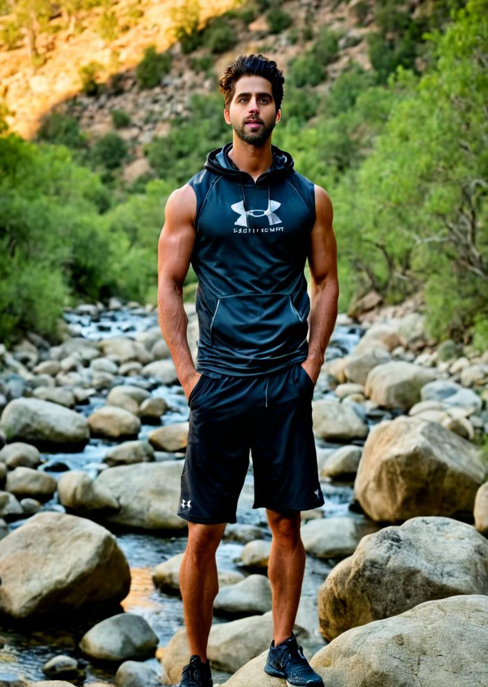 photo of rege-jean page a man <lora:Tovino-Thomas_Rege-Jean-Page:1>, wearing a sleeveless well-fitted under armour hoodie and compression shorts, standing on a boulder, outdoor trail, 35mm photograph, film, bokeh, professional, 4k, highly detailed, creek in the background, natural lighting, golden hour