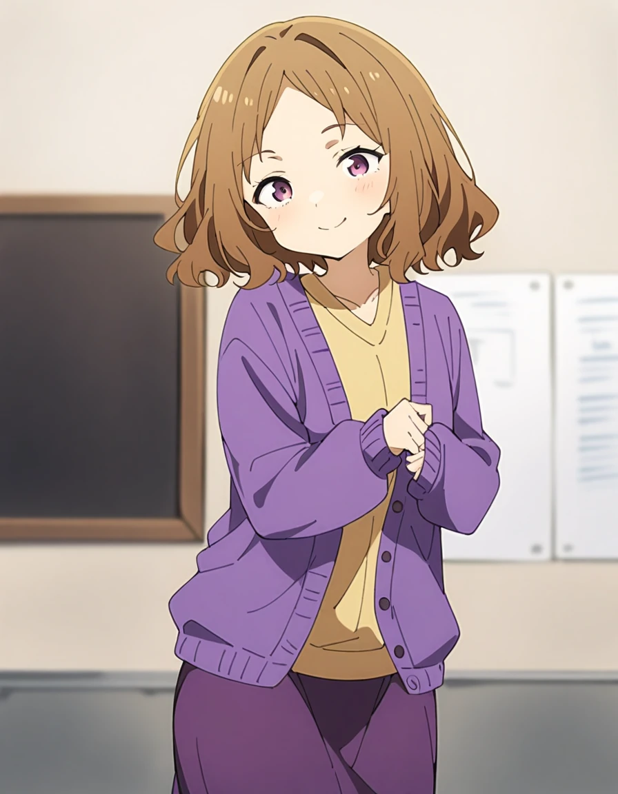 masterpiece, best quality,high quality, very aesthetic, absurdres, 1girl, cowboy shot, amanatsu sensei, brown hair, purple eyes, short hair, parted bangs, purple cardigan, yellow shirt, long sleeves, purple skirt, purple pantyhose, <lora:amanatsu_sensei_animagineXLV31_Lion_:1>, cowboy shot, smile, white background,