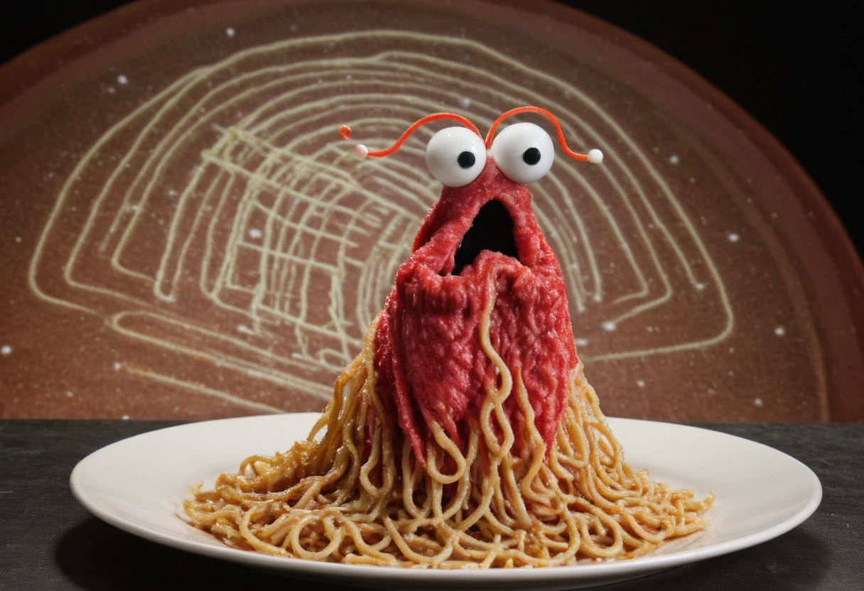 PHOTO OF YIP YIP MARTIAN AS FLYING SPAGHETTI MONSTER,<lora:YIP YIP MARTIANS XL_V1:1>,YIPYIP,