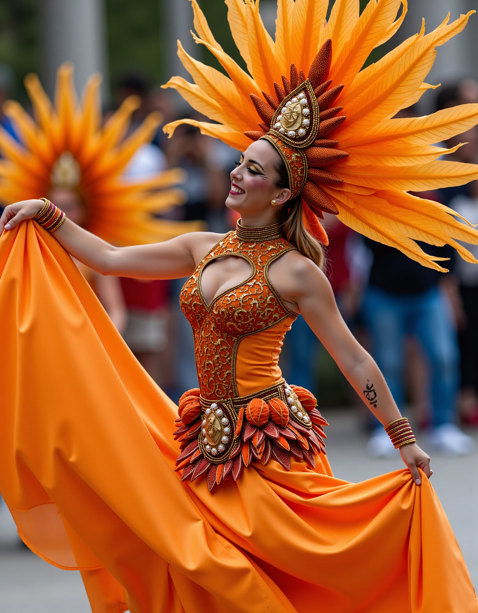 zavy-crnvl, a solo carnival dancer in mid-twirl, showcasing the movement of their vibrant costume. The focus is on the flowing fabric and the expression of joy on the dancer's face