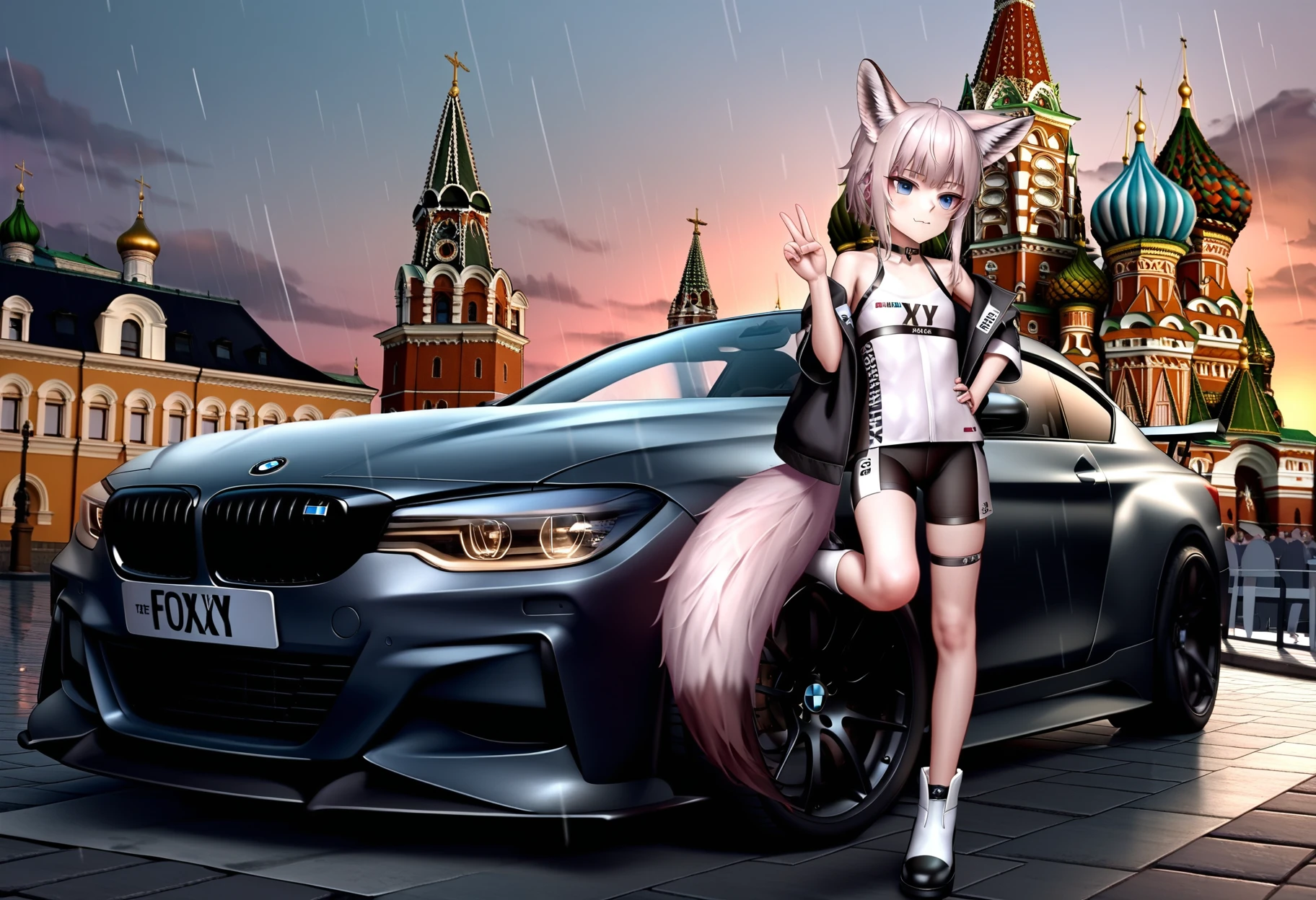 by as109, by aki99, by kie \(wylee2212\), masterpiece, best quality, (plate number with text "Foxxy":1.2),
1girl, sussurro \(arknights\), fox girl, animal ear fluff, fox tail, blue eyes, race queen, pleated skirt, small breasts, bike shorts, v, standing on one leg, posing, leaning on car hood, :3, racecar, motor vehicle, full body, (bmw:1.1), wide shot,
outdoors, Moscow, Kremlin, Red Square, Saint Basil's Cathedral, dusk, rain, lead clouds