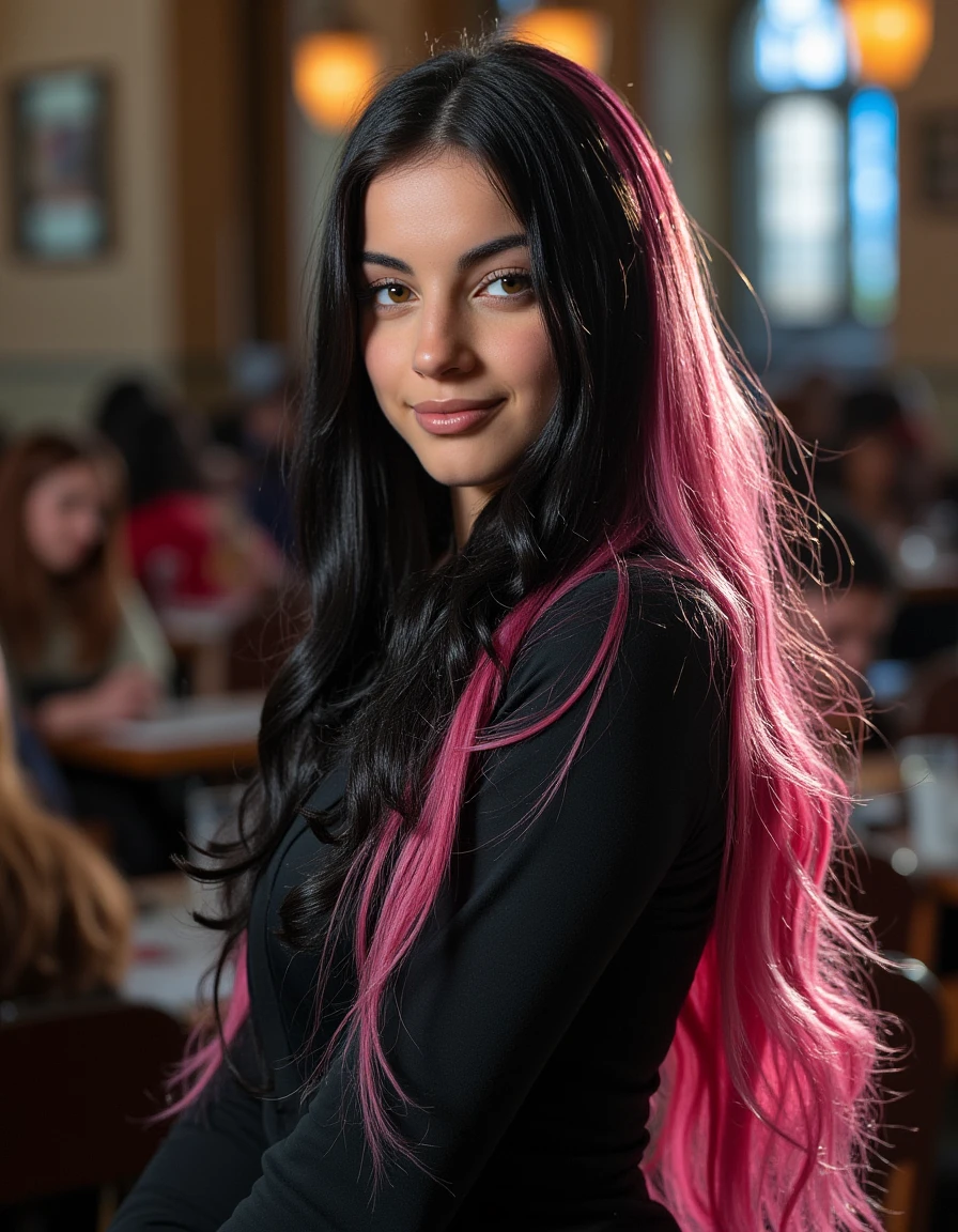 <lora:Grelmosss:1> photo of Grelmosss with long black and pink hair. She is posing at a magical academy. Amateur photography. Fantasy setting.