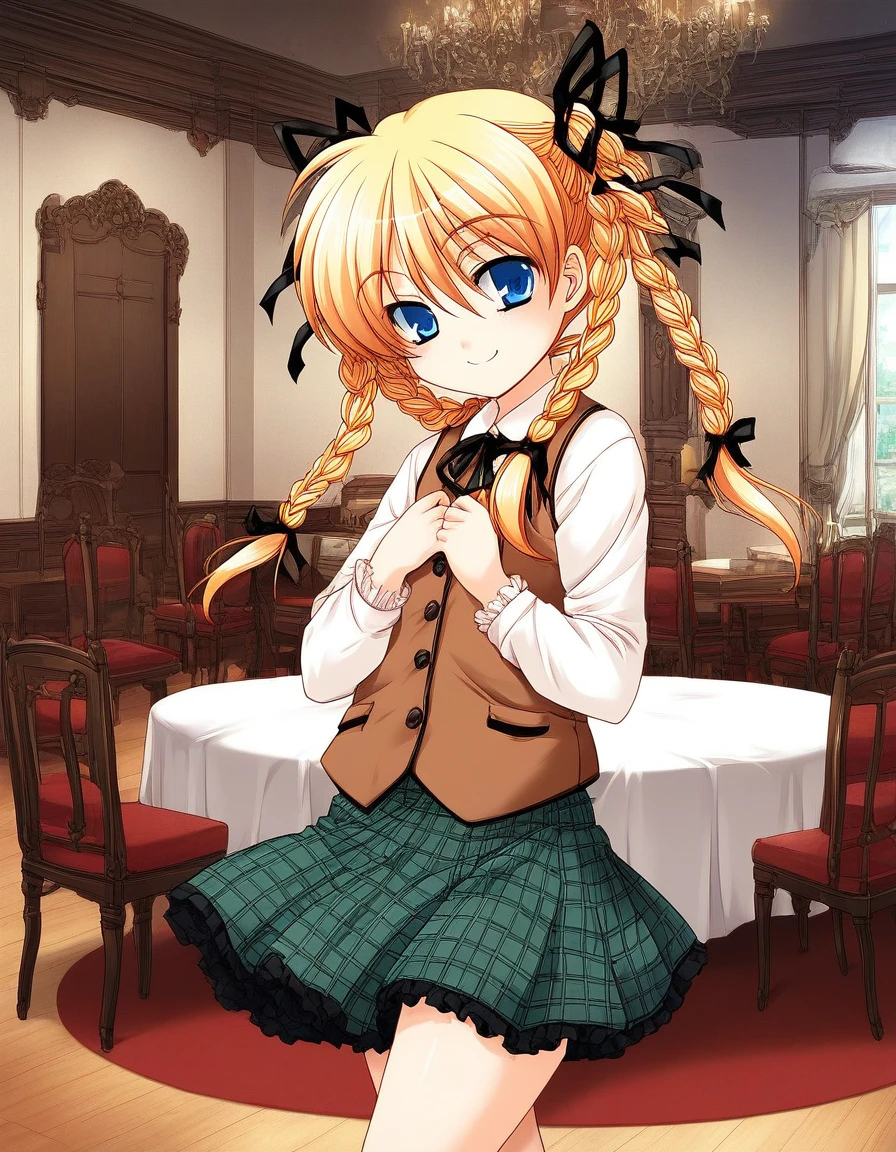 score_9, score_8_up, score_7_up, source_anime, rating_explicit, BREAK  <lora:Itsukiï¼Imi_Ver2.0_XL:1>  Itsukiï¼Imi, blonde hair, blue eyes, ribbon, long hair, hair ribbon, braid, twin braids,
short stack,
 brown vest,  checked skirt, green skirt, long skirt,
smile,
looking at viewer, 
cowboy_Shot,
room, chair, red carpetm