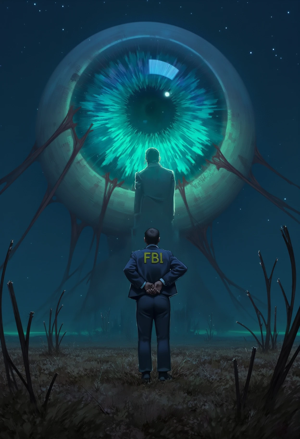 <lora:ScenicHorizonsFLUX:1> sc3n1ch0r1s0ns,
the image is a digital illustration with a surreal dreamlike quality, a lone figure stands in the foreground facing away from the viewer dressed in a dark blue jacket with the word "fbi" emblazoned on the back in bold yellow letters, the figure's face is obscured making it difficult to discern any distinct features, the jacket's sleeves are rolled up and the hands are clasped behind the back giving an air of confidence and authority,in the background a massive glowing eye looms large dominating the scene, the eye is depicted in shades of blue and green with intricate swirling patterns that evoke a sense of otherworldly presence, the surrounding environment is a dark starry night sky with a subtle gradient of deep blues and purples,to the left and right of the figure the landscape is a mix of dry withered grass and sparse twisted branches adding to the eerie atmosphere, the overall mood is one of mystery and foreboding as if the figure is about to uncover a hidden truth or confront an unknown entity