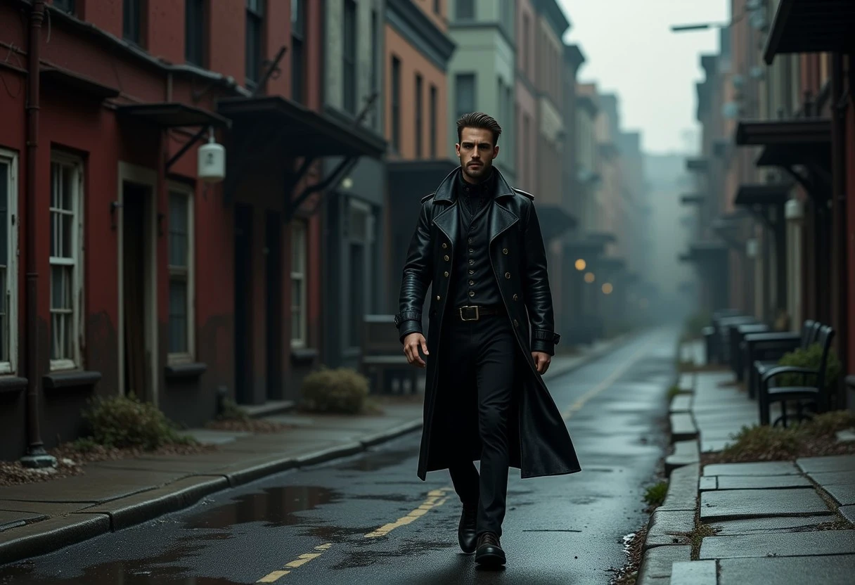 there is an abandoned dark burnt down Silent Hill scene with a very handsome strong man in a black TrenchCoat and boots standing in the street, he shows a sad demeanor as someone that has lost his relative, wearing black leather TrenchCoat, gothic coat, black draconic - leather, stylish coat for a rave, black greatcoat, eerie nostalgic concept art, photorealistic dark concept art, silent hill concept art, haunted town exterior, exterior background art, in a old exterior street area. hyper realistic, horror environment, rusted silent hill, post grunge concept art, creepy environment, dark cinematic volumetric lighting, extreme wide shot with Sony Fx6