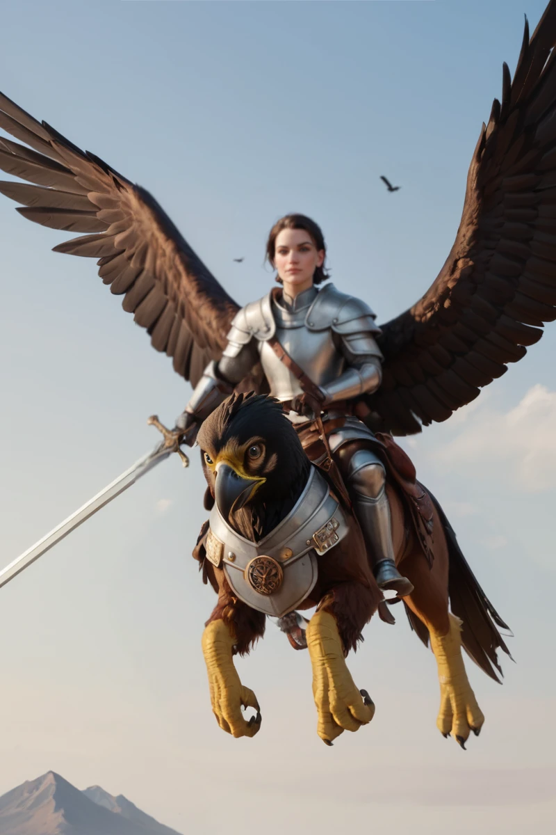 source_realistic, photorealistic sky, in the air, <lora:last-000050:0.8> empg3n3r4l, 1girl, full armor, no helmet, long dark hair, young, pauldrons, greaves, flying, (riding winged griffon:1.3), barding, holding sword in both hands , PonyXL_Scores, PonyXL_HQ, <lora:StS_detail_slider_v1:1>