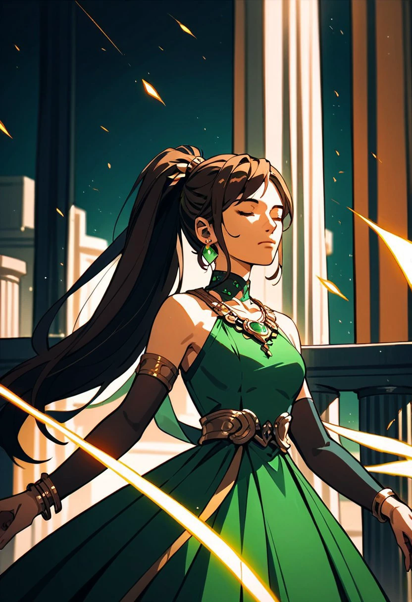 score_9,score_8_up,score_7_up,source_anime, EVE07,1girl,solo,long hair,brown hair,black hair,dress,jewelry,standing,closed eyes,ponytail,earrings,bracelet,glowing,green dress,pillar,