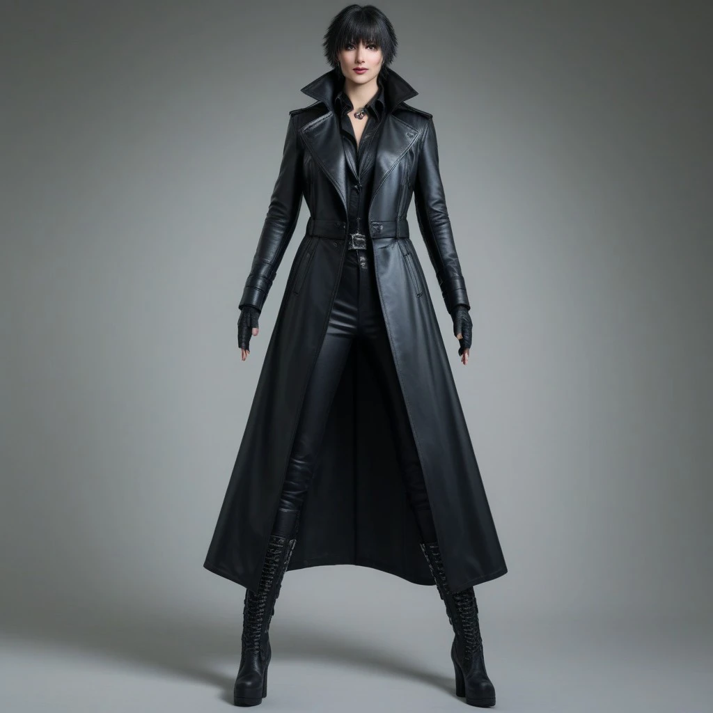 ultra hyper detailed Lady from Devil May Cry 5 video game in a black trenchcoat and boots standing in a street, wearing black leather trenchcoat, gothic coat, black draconic - leather, stylish coat for a rave, black greatcoat,, ultra hyper detailed face features, full-cosplay, professional cosplay, Lady character from video game,anime cosplay, holding a giant weapon, Lady huge weapon from video game,fullbody wide shot, cinematic volumetric lighting, ultra hyper realistic image shot with Sony Fx6