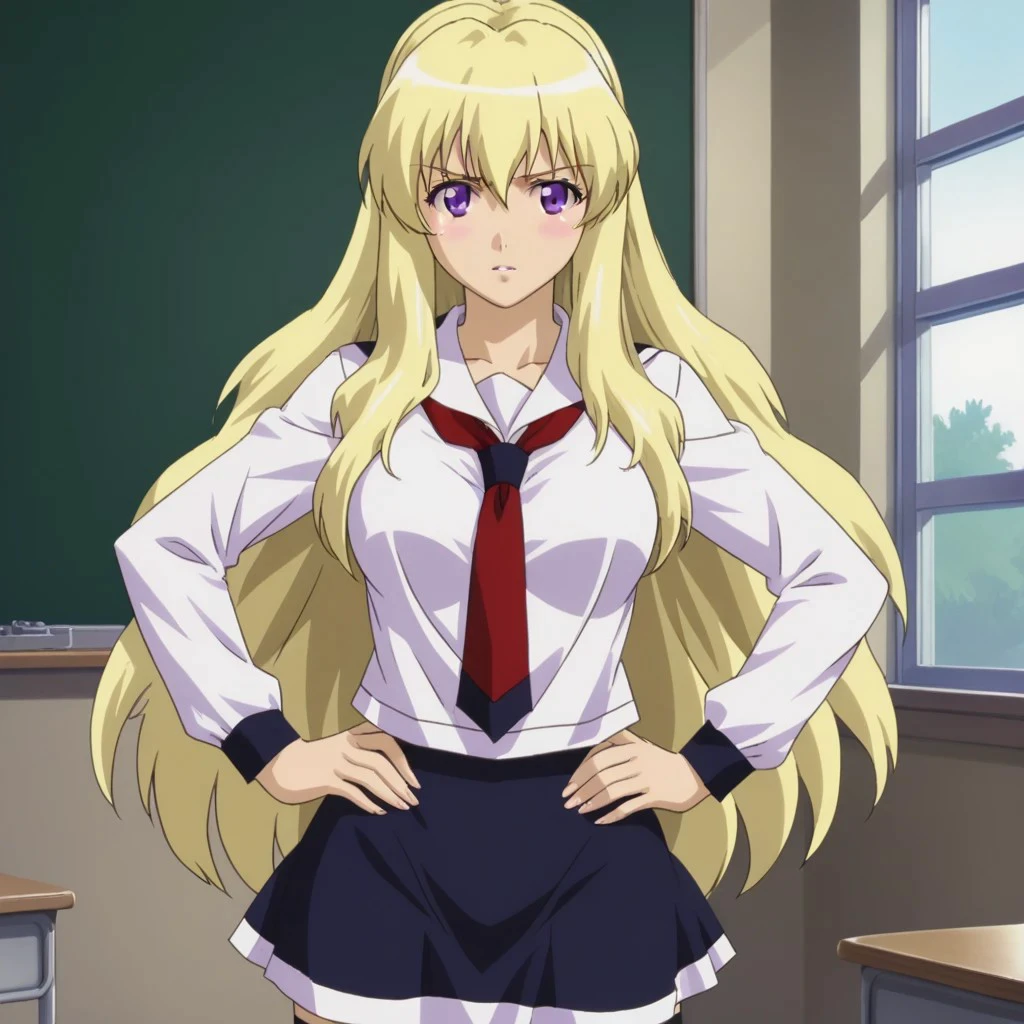 score_9, break, solo, fukuyama_lisa, blonde hair, long hair, purple eyes, school uniform, thighhighs, skirt,, hands on hips, seductive, classroom