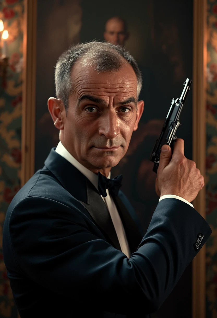 louisdefune5 man playing james bond in a typically james bond pose, intricate background, 8k uhd, dslr, soft lighting, high quality, film grain, Fujifilm XT3, hasselblad, gigapixel, detailed hair, detailed body, (detailed face and eyes:1.1), (depth of field:0.6), Leica, 8K HDR, High contrast, shadows, bokeh