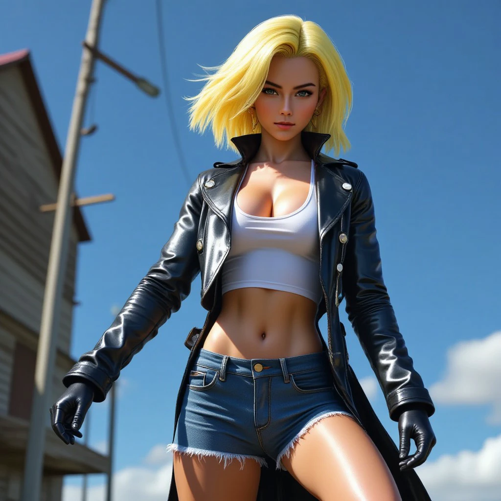 Android 18 from Dragon Ball as a real life person ultra hyper real person, in denim very short pants and white skinthight t-shirt, wearing a TrenchCoat, short shoulder-length yellow hairstyle, Android 18 is flying in the air and preparing a blue color "energy attack", her face shows an enraged face expression, ultra hyper realistic image, cinematic volumetric lighting, wide shot with a Sony Fx6