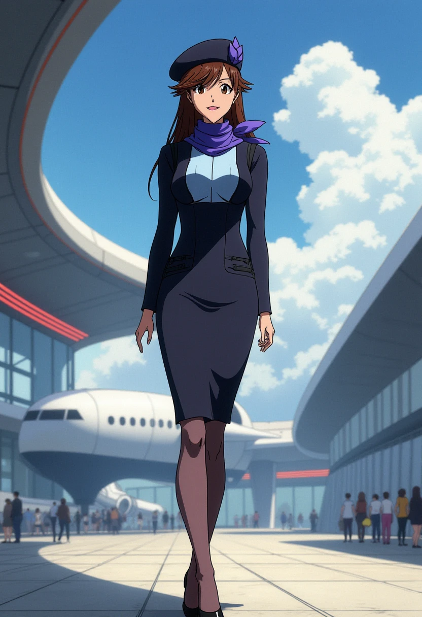 A detailed solo portrait of suzuharasakura. 
Anime style, sharp, high contrast and highly detailed. Ghibli anime style. Perfect anatomy. Perfect body ratio. No oversized head. No blurry, out of focus pictures. No simple background, no single color background. 
  , 
She is standing in a futuristic airport, with sunshine, blue sky and white cloud in the background. She wears a sleek and professional airline attendant uniform inspired by Japanese aesthetics, similar to the uniforms of ANA (All Nippon Airways). The uniform should consist of a tailored black jacket with a subtle sheen, featuring a structured, fitted design with long sleeves and a single-button closure. Beneath the jacket, the attendant wears a light blue collared shirt, neatly tucked into a matching knee-length pencil skirt. Around the neck is a silk scarf in a vibrant, bold color such as purple or blue, tied elegantly to add a touch of flair and sophistication. The outfit is complemented by sheer black tights and polished black dress shoes with low heels, designed for both style and comfort. She looks mature, gentle and elegant. She is looking at the viewer with a beautiful smile.  <lora:Suzuhara Sakura - Flux prototype_epoch_5:1>