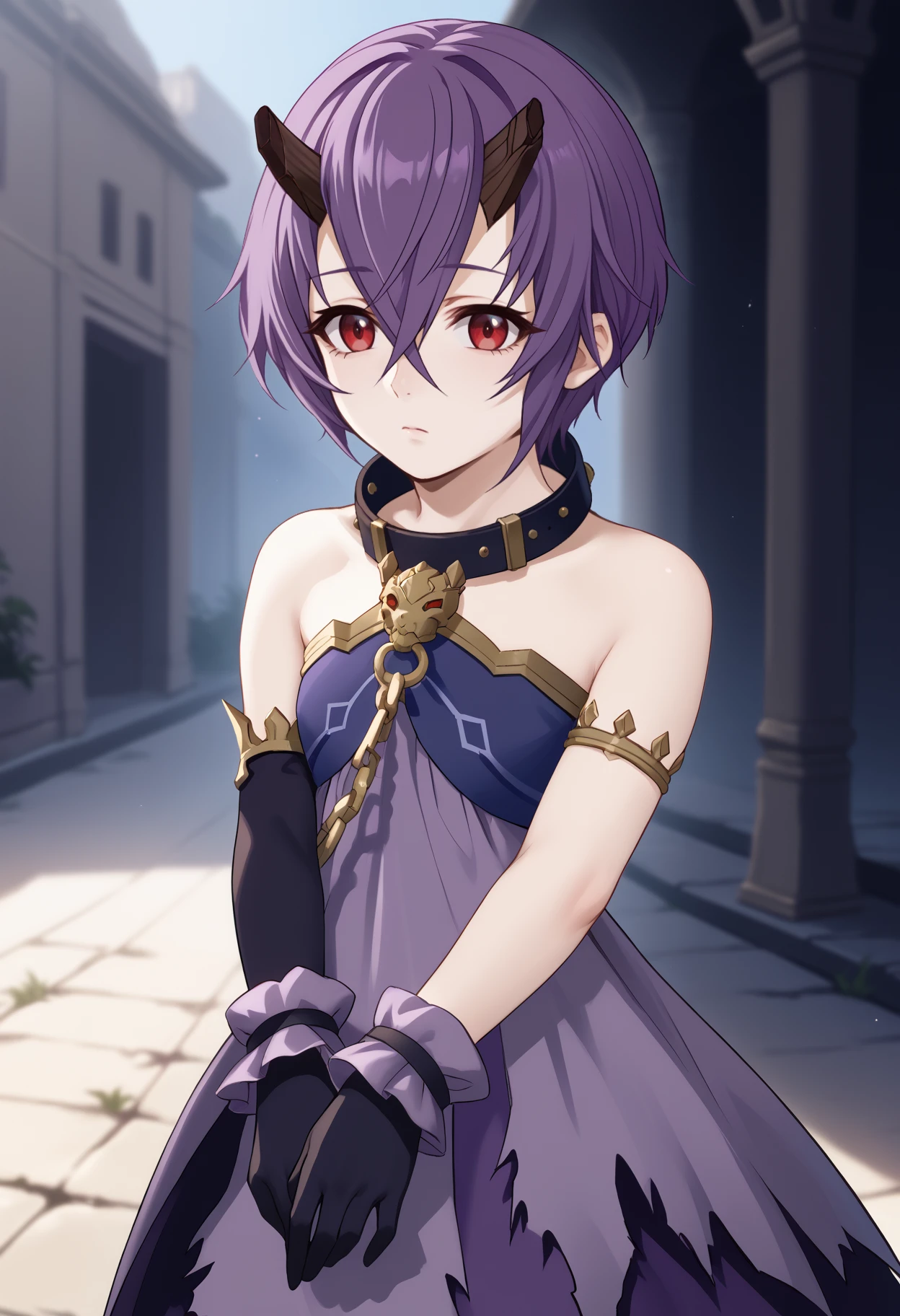 score_9, score_8_up, score_7_up, source_anime, <break> solo, 1girl, pcshinobu, expressionless, looking at you, v arms, short hair, purple hair, black horns, broken horn, red eyes, torn clothes, frills, purple dress, strapless dress, sleeveless dress, chain, armlet, black gloves, single elbow glove, frilled wrist cuffs, black collar, bare shoulders, outdoors
<segment:yolo-face_yolov8m.pt,0.4,0.5//cid=1>