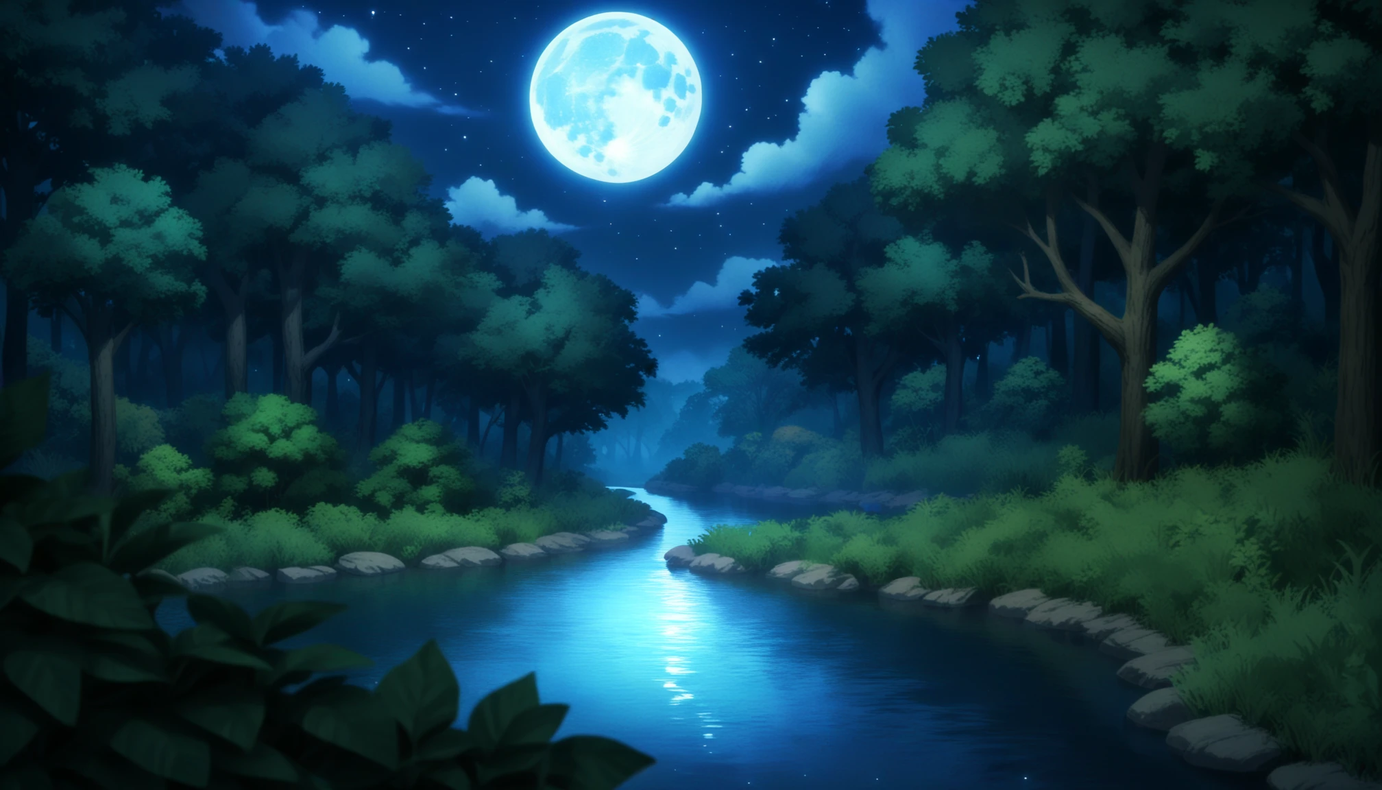 <lora:Tsuki_ga_Michibiku_Isekai_Douchuu-DoRA_V1:0.85>
very aesthetic, newest, best quality, masterpiece, absurdres, scenery, no humans, forest, bush, river, night, star \(sky\), moon