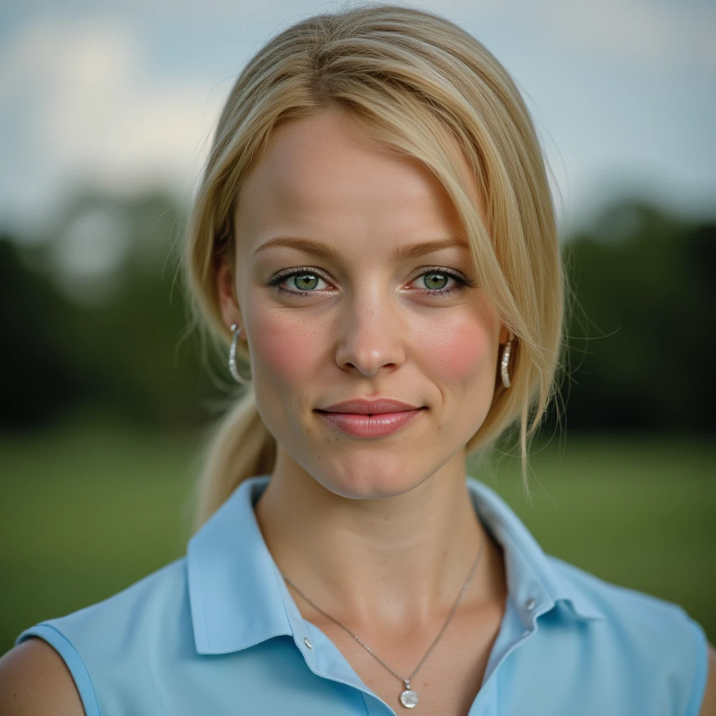 woman, light makeup, realistic photo, blonde, conservative polo shirt, golf, direct eye contact, high quality, r3g1n4