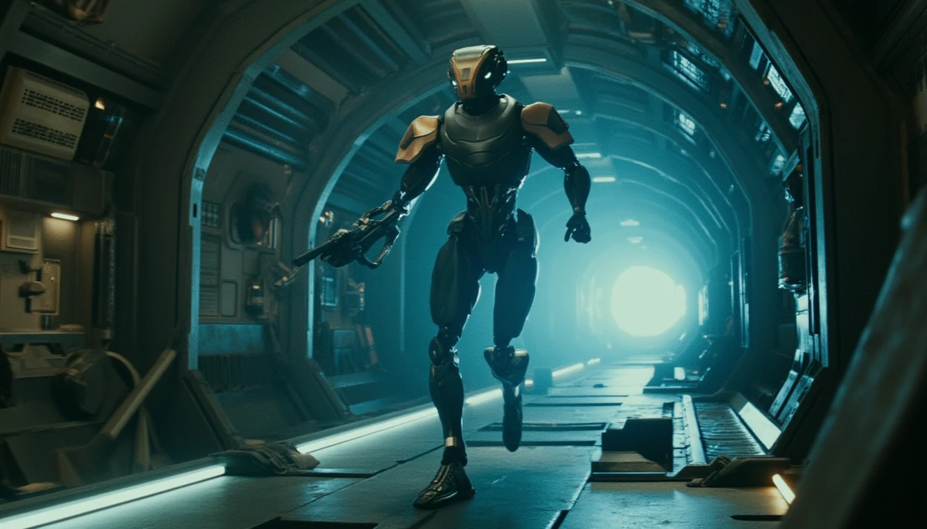 cinematic medium shot of a robot in the style of the creator, holding a futuristic weapon, walking on edge, inside a tunnel of sci-fi spaceship, by ridley scott, dynamic composition, in the style of denis villeuneuve