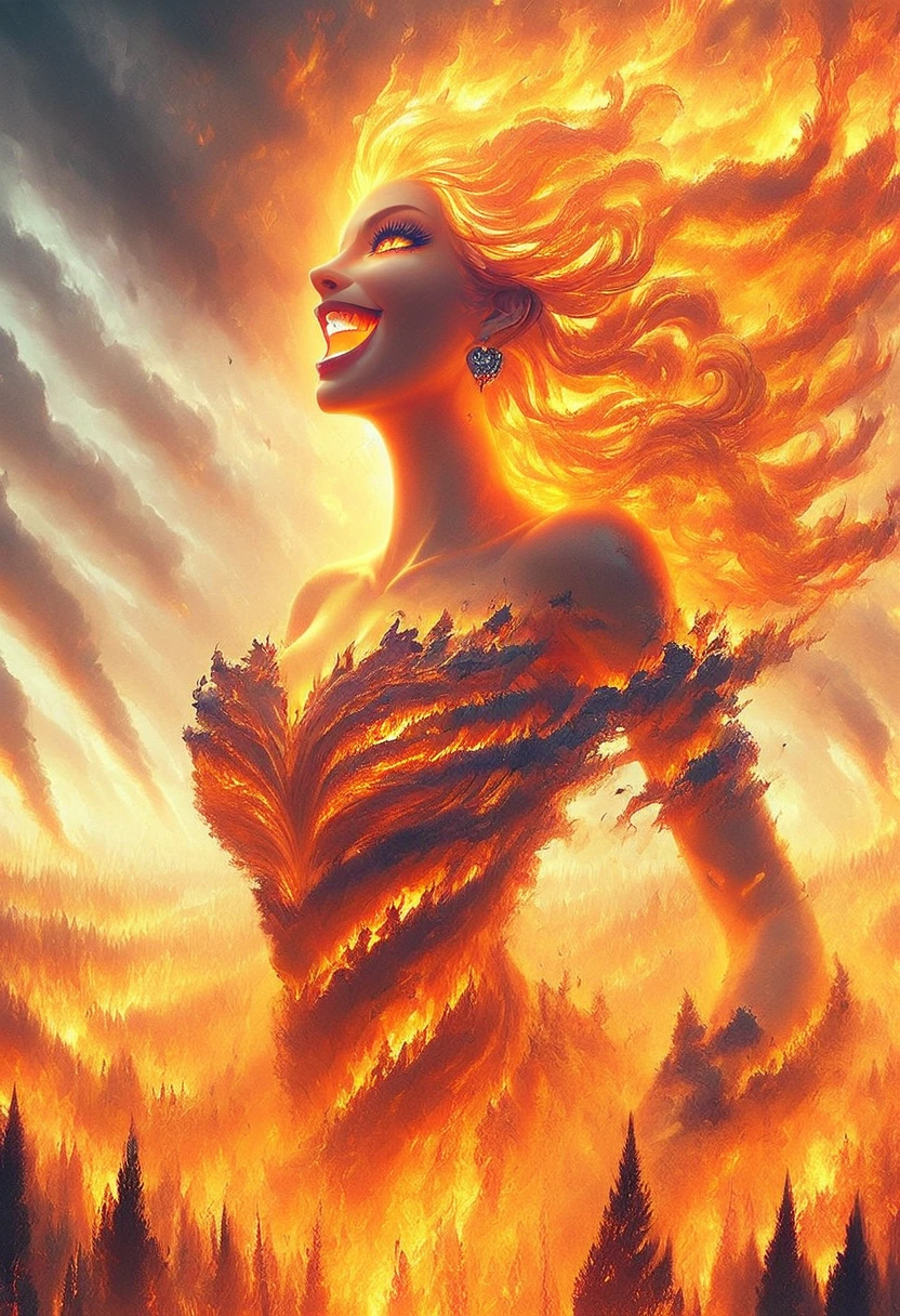 score_9, score_8_up, score_7_up, firegoddess, close up portrait, 1woman, fire, giant, giantess, fiery hair, open mouth, burning, jewelry, earrings, glowing eyes, realistic concept art, 8k, detailed