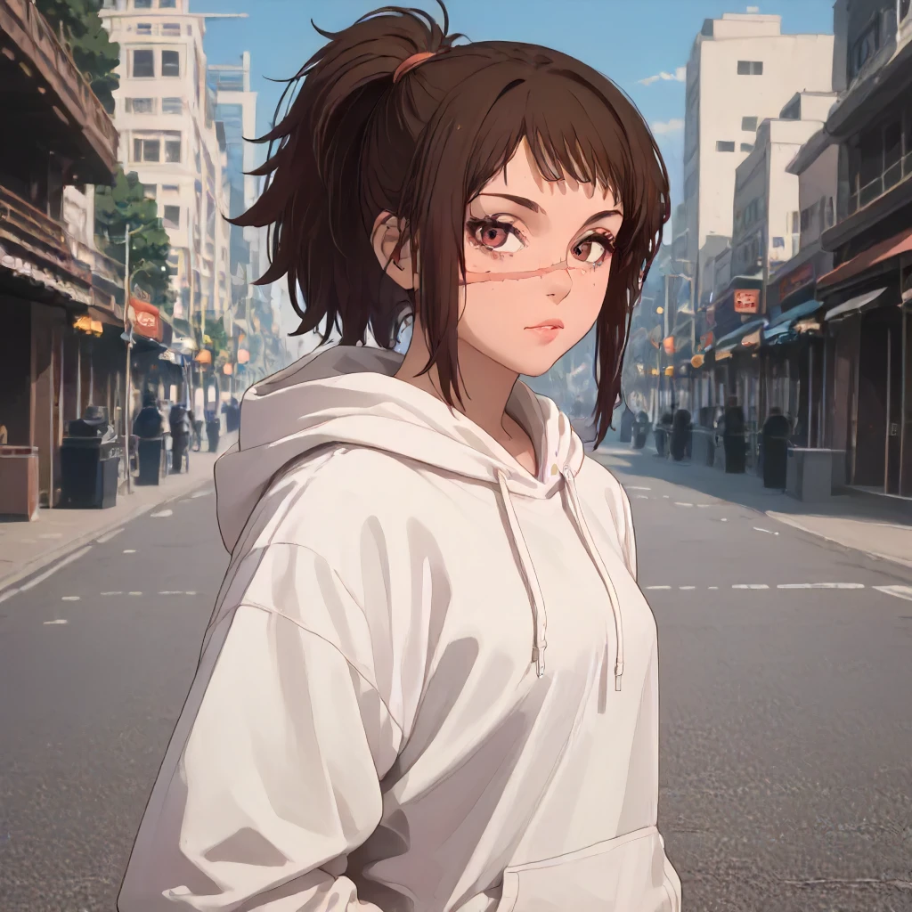 csmt3ndo, 1girl, brown eyes, brown hair, scar on face, ponytail, hoodie, looking at viewer, cowboy shot <lora:Character CSM Michiko Tendo:1>, score_9, score_8_up, score_7_up, score_6_up, score_5_up, score_4_up, masterpiece, detailxl. BREAK