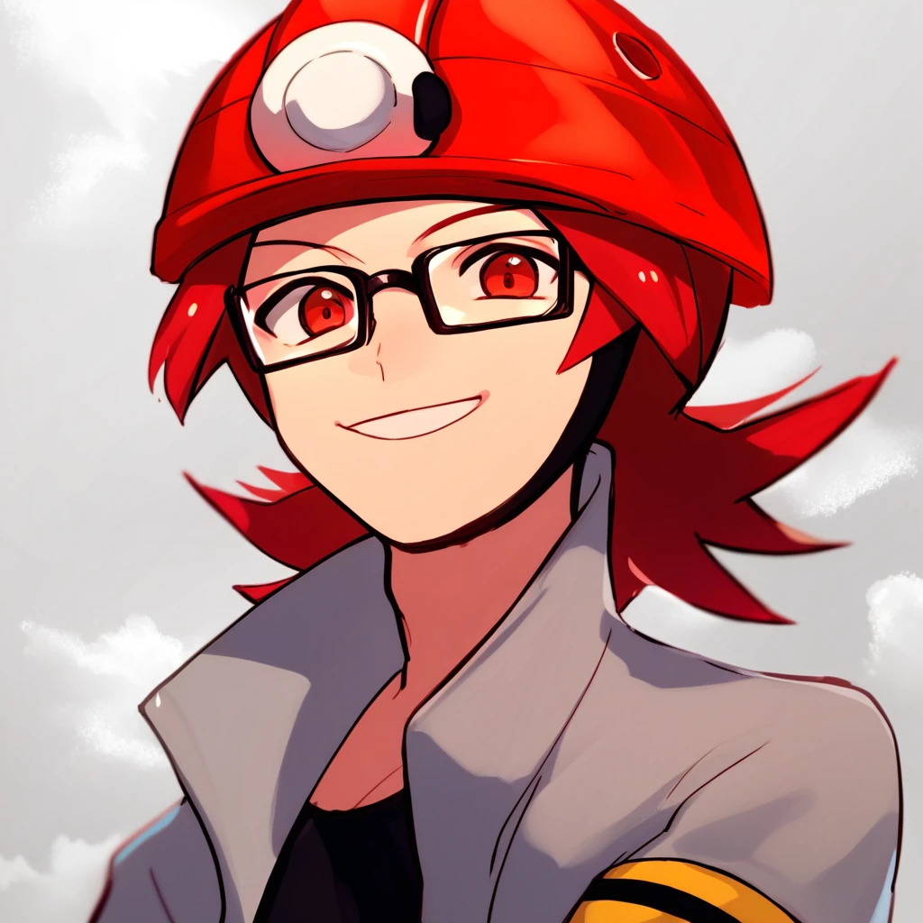 score_9, score_8_up, score_7_up, score_6_up, score_5_up, score_4_up, source_anime, roarkPokemon, portrait, solo, 1boy, male focus, smile, helmet, red headwear, red hair, red eyes, grey jacket, open jacket, black shirt, short sleeves, black-framed eyewear, glasses,