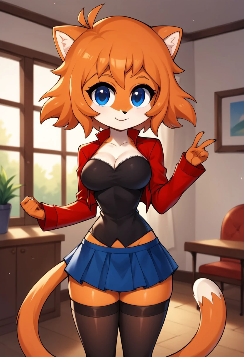 score_9, score_8_up, score_7_up, masterpiece, best quality, room, hotel, (very beautiful eyes, big thighs, thin waist, medium breasts), 1girl, EsheniaS, Orange hair, short hair, blue eyes, Furry, cat ears, tail, orange fur, Cha Red jacket, skirt, long stockings, sleeves,, sexy pose, Smile, chibi,