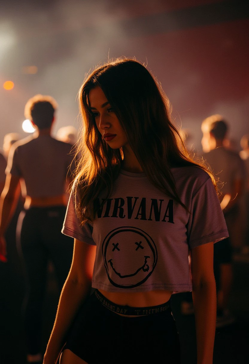 missbo wearing a sexy nirvana tshirt at a crazy nirvana concert, cigarette smoke fills the concert hall, low light, 1990s style, sexy outfit