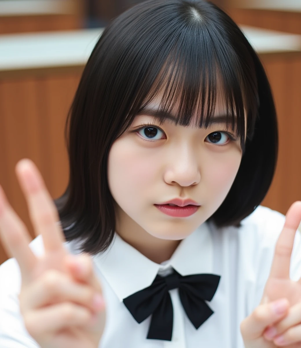 SHOGENJI, The image is a portrait of a young Asian woman with shoulder-length dark hair and bangs. She is wearing a white collared shirt with a black bow tie. She has a serious expression on her face and is making a peace sign with her fingers. The background is blurred, but it appears to be an indoor setting with wooden tables and chairs.