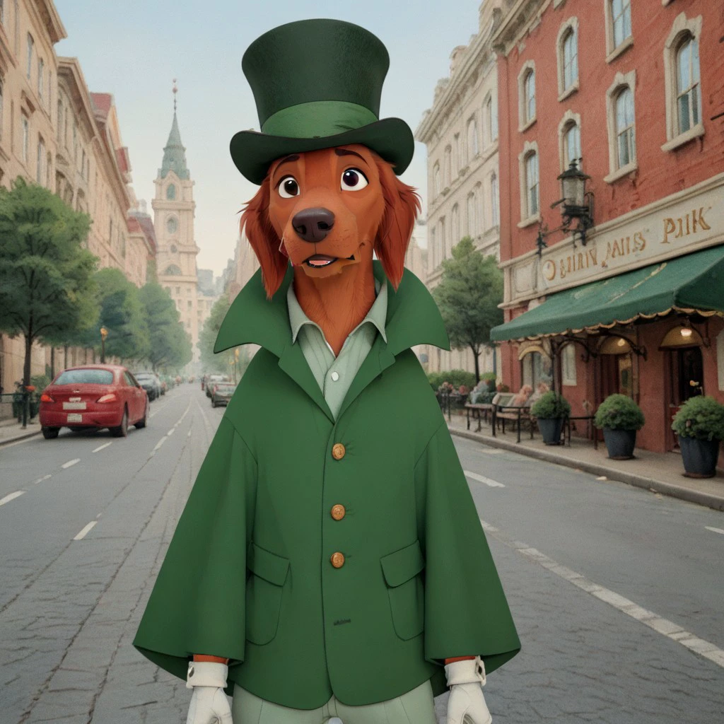 score_9, score_8_up, score_7_up, score_6_up, score_5_up, score_4_up, detailed fur, detailed face, city park background, masterpiece, furry male, front facing
BREAK
Shamus, dog, Irish Setter, anthropomorphic dog, cartoon dog, animal ears, long ears, floppy ears, red ears, orange fur, black eyes, brown nose, long snout, green cloak, green suit, white gloves, dark green top hat, Disney,
BREAK
<lora:add-detail-xl:1.5>