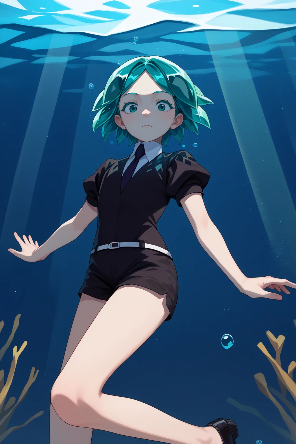 score_9, score_7_up, source_anime, cowboy shot, phos, white skin, aqua eyes, aqua hair, short hair, crystal hair, black shirt, puffy short sleeves, collared shirt, black necktie, white belt, black shorts, black shoes, underwater, darkness, light beam, <lora:Hoseki_HousekiNoKuni_Phosphophyllite_PDXL_v1:1>