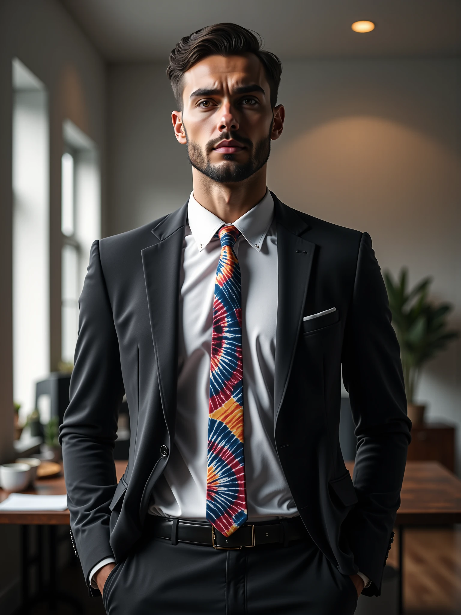 "man wearing a mad-clrfltd necktie and white shirt and black suit in office <lora:colorful-tie-dye-flux:1>"