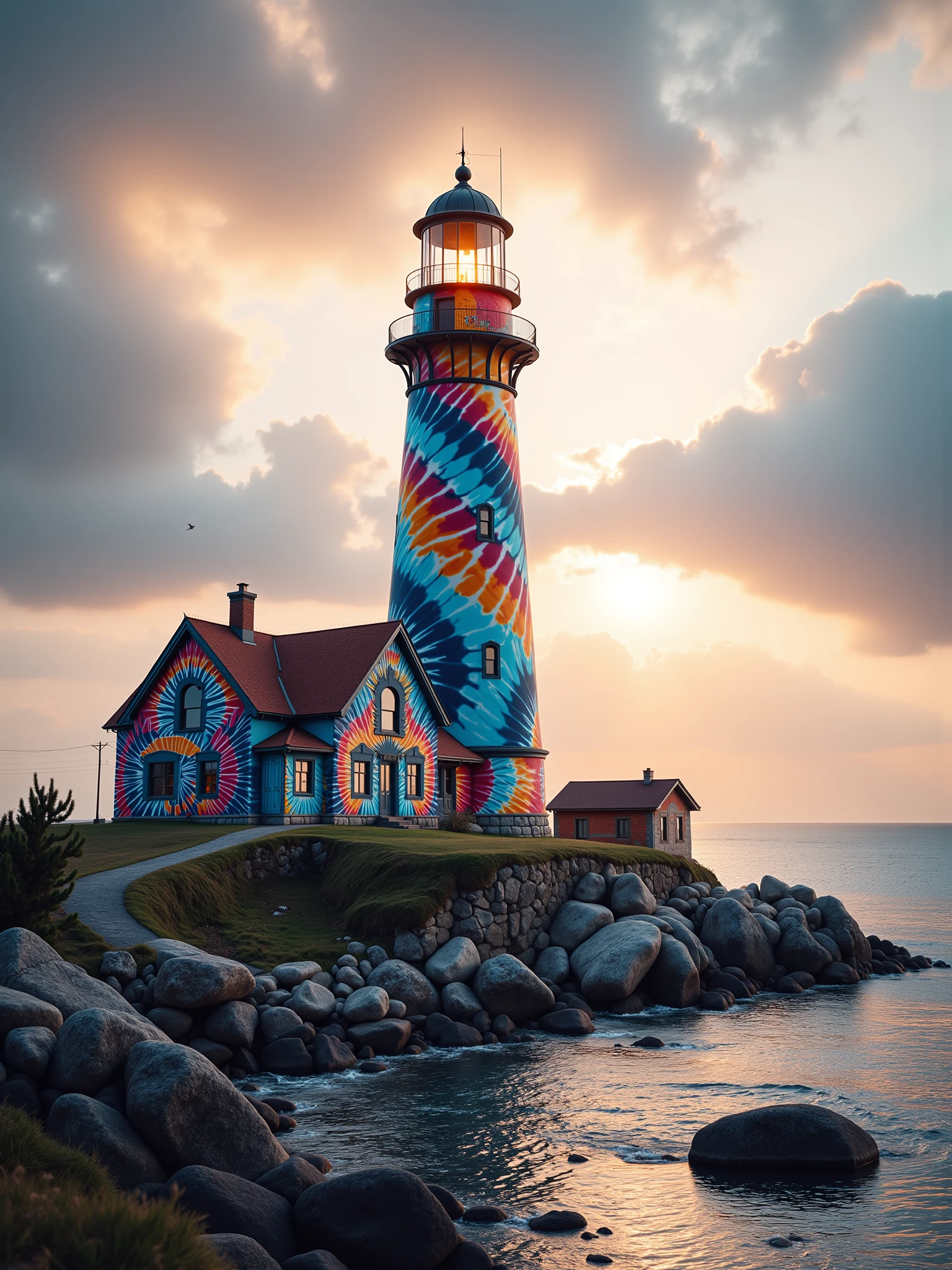 "mad-clrfltd mad-tie-dye lighthouse on a rocky island in the clouds, haze, god rays <lora:colorful-tie-dye-flux:1.1>"