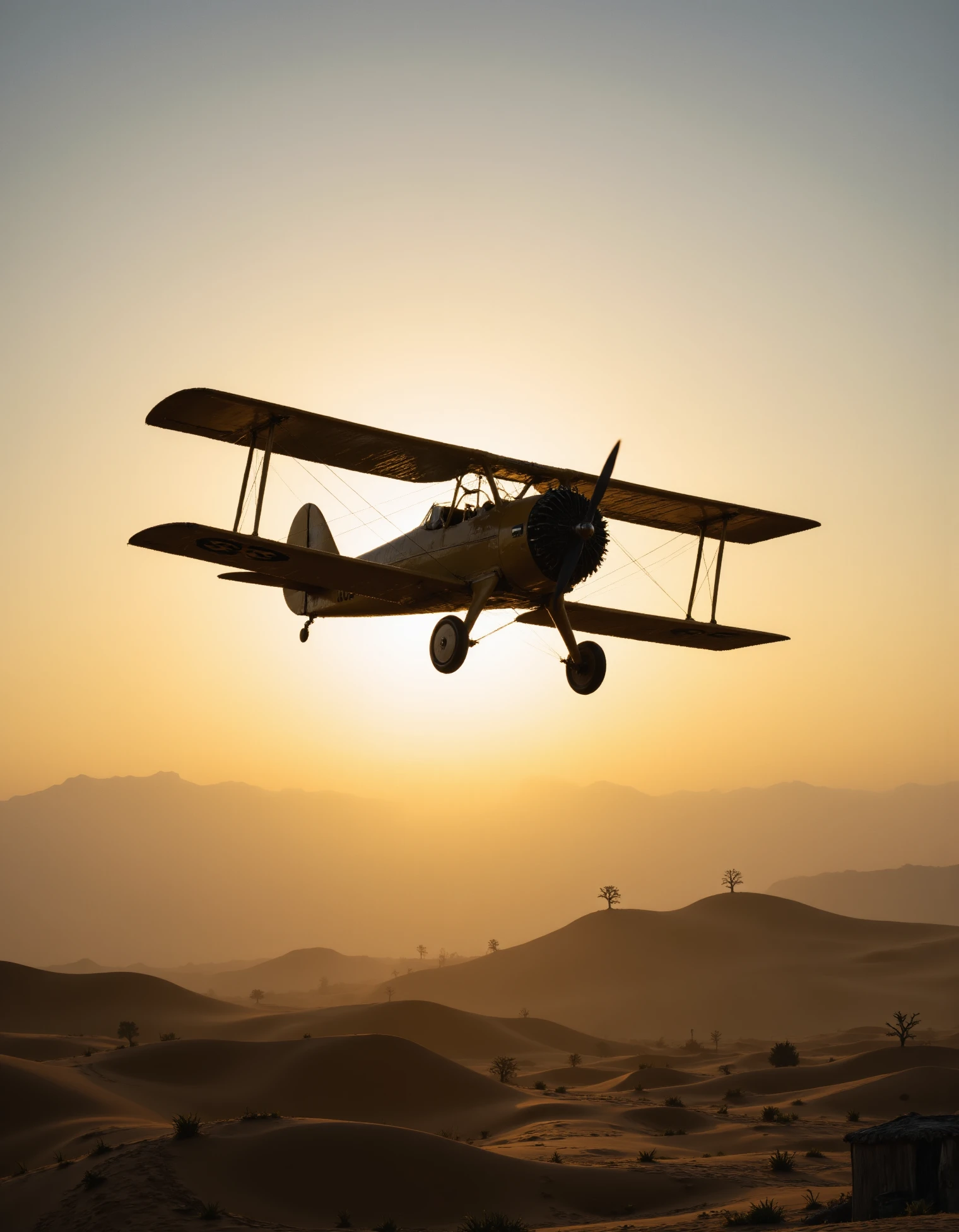 zavy-bkclt, A classic biplane soars over open fields at dawn. The low, warm light of the rising sun backlights the scene, emphasizing the biplane’s wooden structure and fabric wings, with a nostalgic glow capturing the early days of aviation