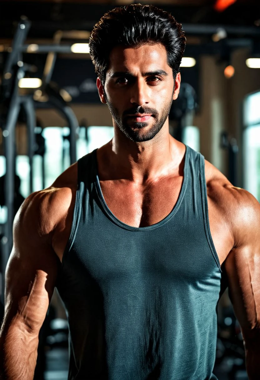 Create an image of a young man lifting weights with an expression of confidence and determination, in light blue tone