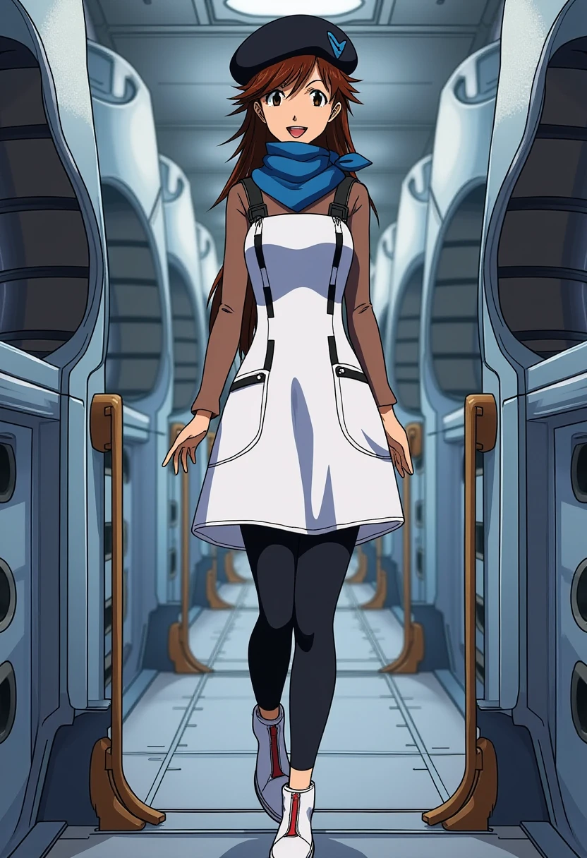 A detailed portrait of suzuharasakura. 
Anime style, sharp, high contrast and highly detailed. Ghibli anime style. Perfect anatomy. Perfect body ratio. No oversized head. No blurry, out of focus pictures. No simple background, no single color background. 
She is a white tunic-like dress with two front pockets and button details at the hips, over a long-sleeved brown top. The dress has black seam accents that give it a modern, streamlined appearance. She pairs this with black leggings and comfortable white shoes with a small red zipper design. The outfit is completed with a blue scarf around her neck and a black beret, giving her a casual yet chic vibe, with a hint of urban style. The ensemble blends practicality with a relaxed, fashionable look.
She is looking at the camera with a smile. She is inside a space ship.
<lora:Suzuhara Sakura - Flux prototype_epoch_5:1>