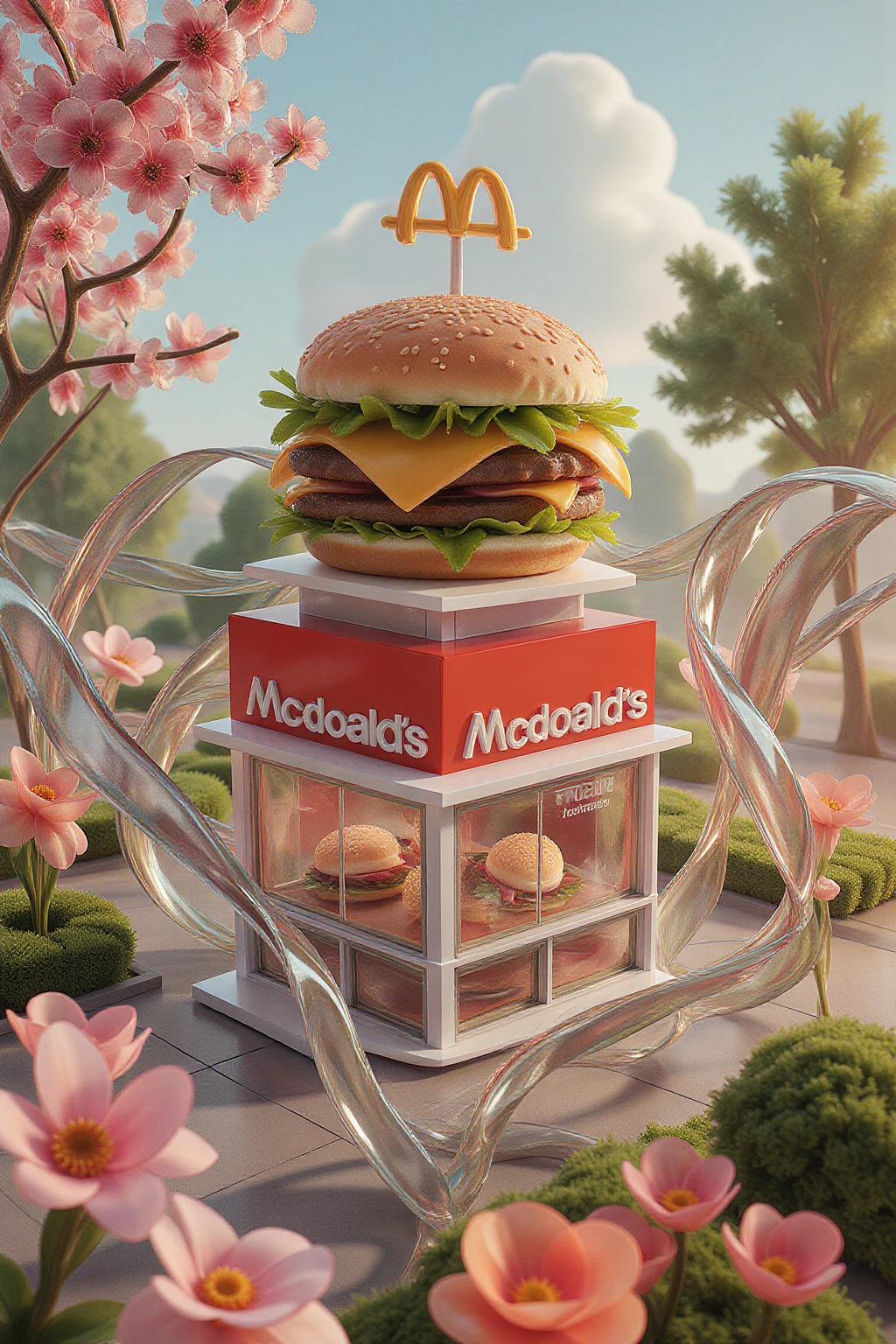 bingyuzai,burger on top,no humans,shop,outdoors,flower,day,building,road,mcdonald's,masterpiece,best quality,in surrounded by transparent glass ribbon,